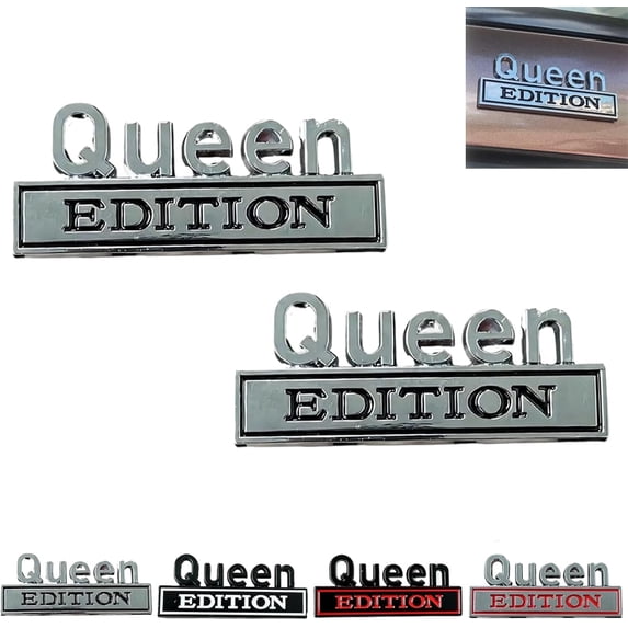 3D Queen Edition Metal Car Emblem 2PCS, Universal Auto Badge Sticker for Trunk Fender Bumper, Waterproof Chrome Body Decal Exterior Decoration, Cool Car Accessory Gift for Women Girls Lady Wife
