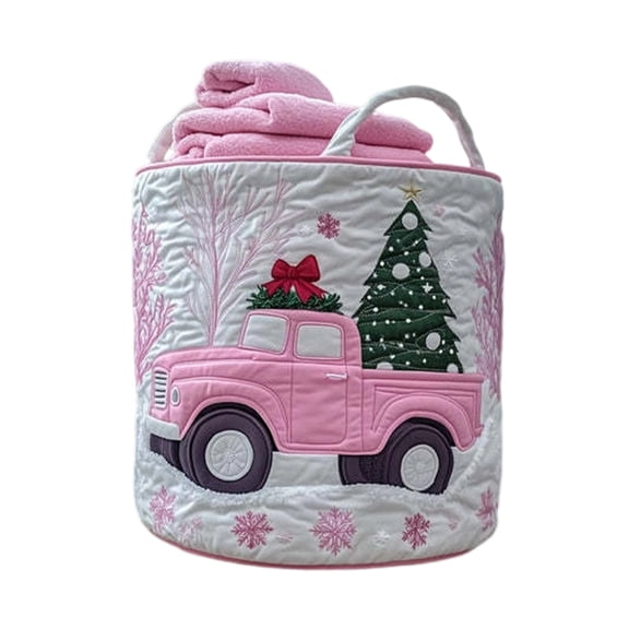 3D Quilted Embroidered Laundry Basket S Foldable Storage Hamper with Handle Cylindrical Fabric Bin for Clothes Towels