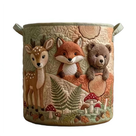 3D Quilted Laundry Hamper, Large Fabric Storage Basket with Deer Fox Bear Design, Soft Collapsible Clothes Bin with Handles for Bedroom Home Organization