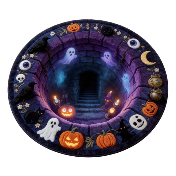 3D Quilted Spiral Pattern Round Halloween Decorative Rug Purple Ghost Design Indoor Front Door Doormat Household Floor Mat