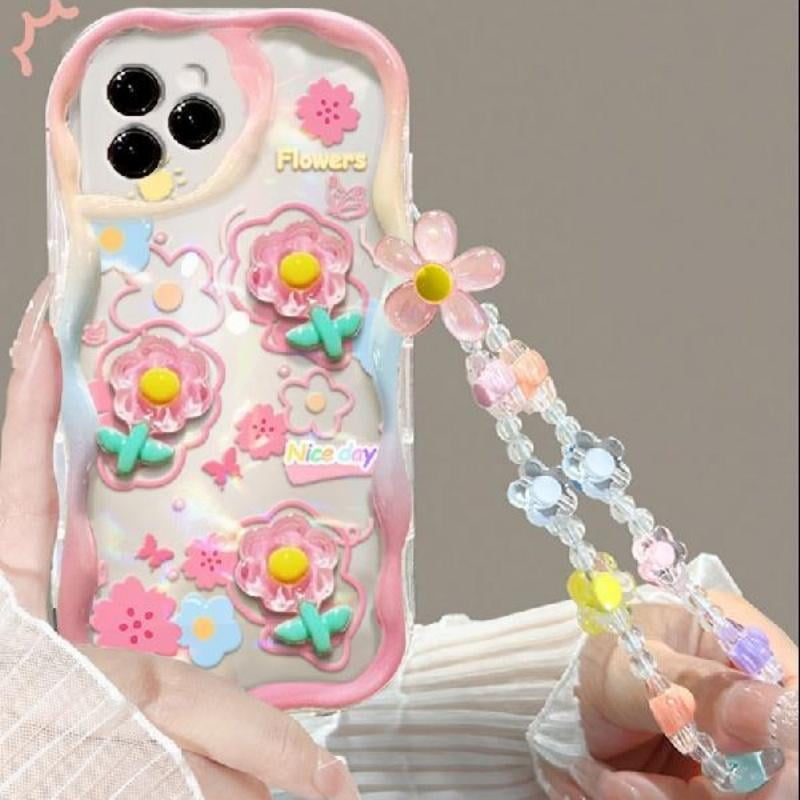 3D Rabbit Flower Hang Wrist Chain Strap Phone Case for IPhone 16 15 12