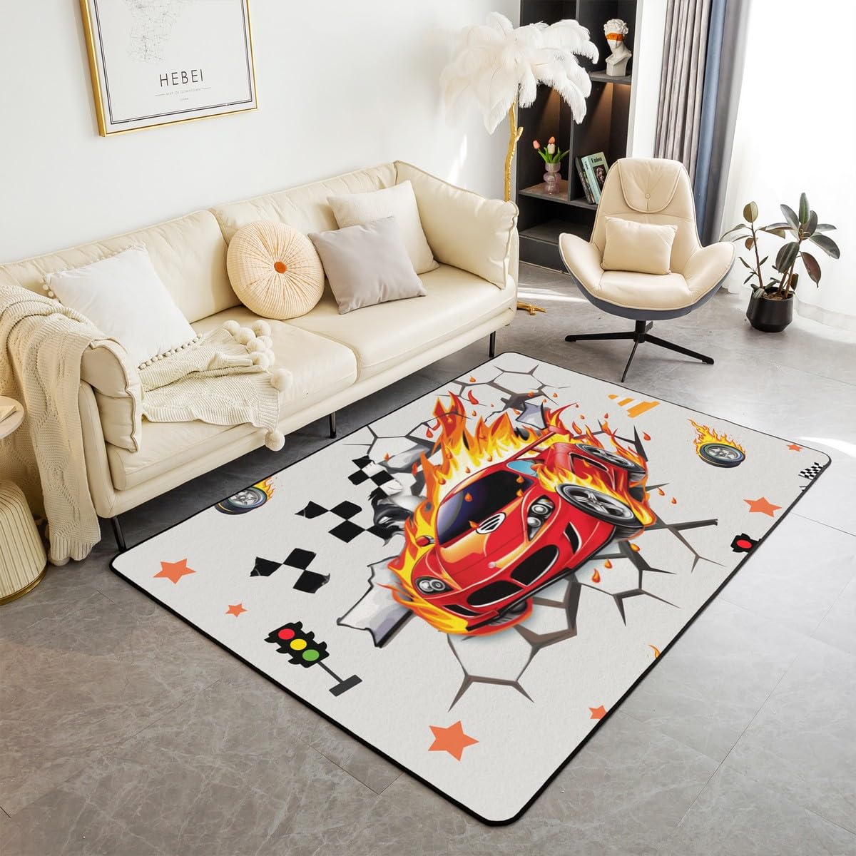 Car Racing Rug Kids 3D Racing Car Area Rug Abstract Wall Fire Vehicle Competition Game Non ...
