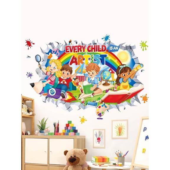 3D Rainbow Inspirational Quotes Wall Decals Every Child is an Artist Pencil Splatter Wall Stickers Kids Playroom School Library Classroom Wall Decor