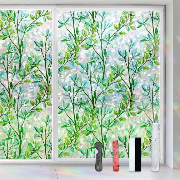 3D Rainbow Window Privacy Film, Stained Glass Window Film Static Cling, Decorative Frosted Glass Window Cover, UV Blocking & Heat Control Window Cling for Home Bathroom Bedroom (Leaf, 17.5 X 78.7 in)