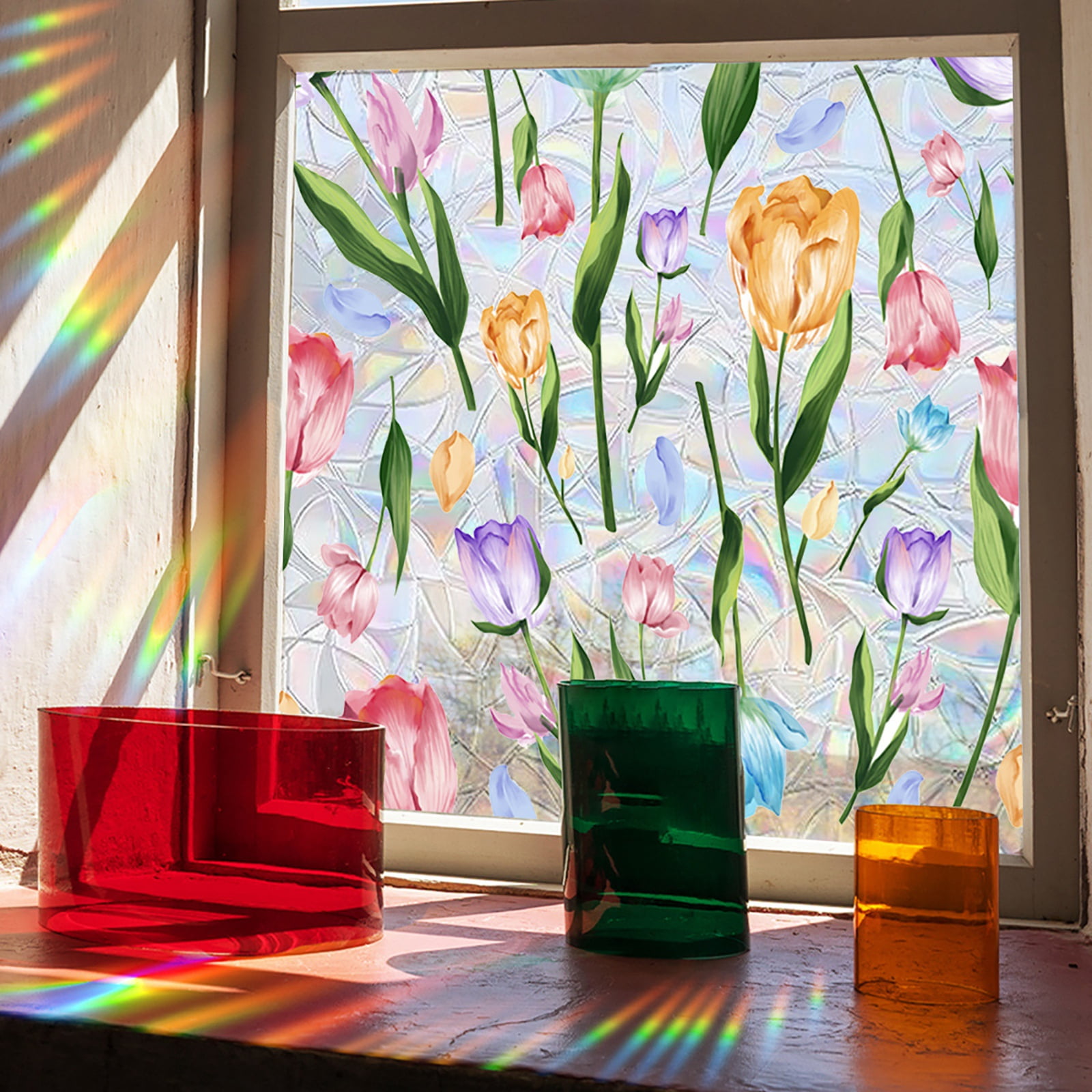 3D Rainbow Window Privacy Film Static Clings Vinyl Decals Flower ...