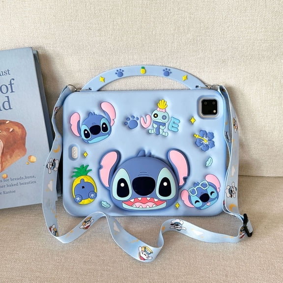 3D Raised Blue Alien Pet Print Silicone iPad Case with Handheld Handle & Adjustable Crossbody Strap, Shockproof Protective Cover