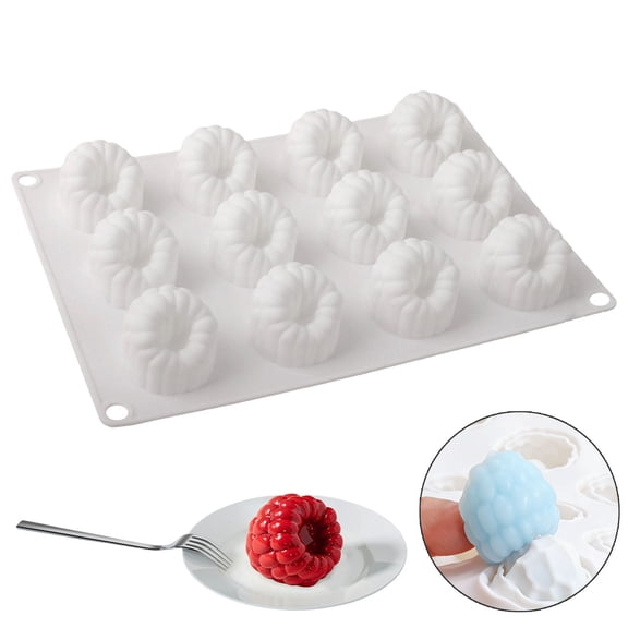 3D Raspberry Silicone Molds for Mousse Cake - 12 Cavity Fruit Pudding Raspberry Mold for Baking Pastry, Ice Cream, Cake Decoration Mould Supplies -White