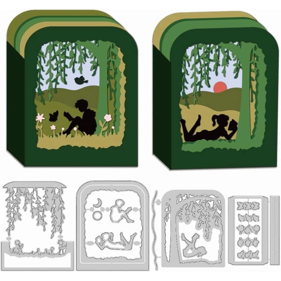 3D Reading Box Cutting Dies for Card Making Layerd Spring Willow Scenery Dies Carbon Steel Cut Die Border Stencils Scrapbooking Embossing Template for DIY Paper Crafting Gift Box for DIY