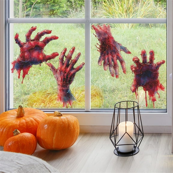 3D Realistic Bloody Hand Window Clings - Creepy Halloween Glass Stickers for Doors/Mirrors Translucent Red (Style A)