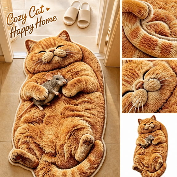 3D Realistic Cat Sleeping Shaped Floor Rug, Plush Irregular Non‑Slip Entry Door Mat, Decorative Indoor Mat for Bedside Bedroom Home Ornament
