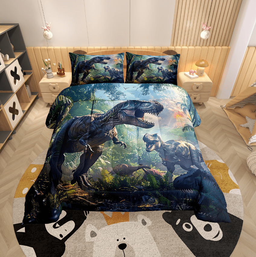 Dinosaur Duvet Cover Set For Queen Bed - 3 Piece Cartoon Boys Bedding (Duvet Cover + 2 Pillowcases, No Comforter Included)