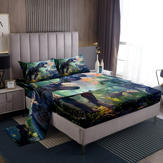 3D Realistic Dinosaur Sheet Set ,Tropical Jungle Wild Animals Sheets Dino Bed Sheets Set King,Paleontology Dinosaurios Bedding Set Room Decor