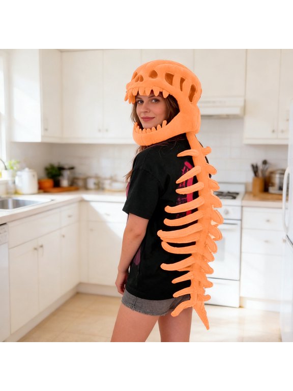 3D Realistic Dinosaur Skeleton Costume 46 in, Spinosaurus Dino Outfit with Skull Headgear and Skeleton Spine Detail, Halloween Costume for Family Events, Birthday Party & Costume, Orange