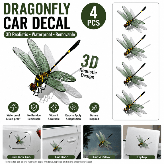 3D Realistic Dragonfly Car Decal, Waterproof Vinyl Insect Stickers for Car Fuel Tank Cover, Laptop, Outdoor Gear, Natural Art Aesthetic Decor
