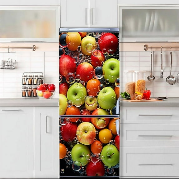 3D Realistic Fruit Printed Refrigerator Door Wrap Mural Decals Peel and Stick Waterproof Kitchen Fridge Door Sticker Wallpaper