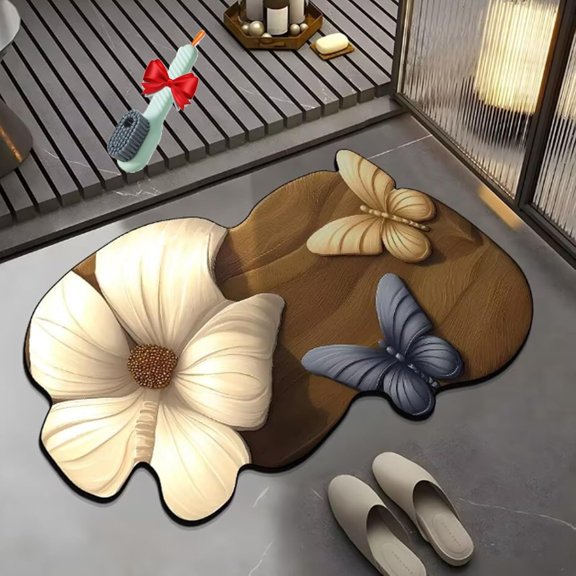 3D Realistic Pattern Non-Slip Absorbent Mat, 3d Rugs Bathroom, Flower & Butterfly Shaped Diatom Mud Floor Bathroom Toilet Water Absorption Quick-Drying Mat