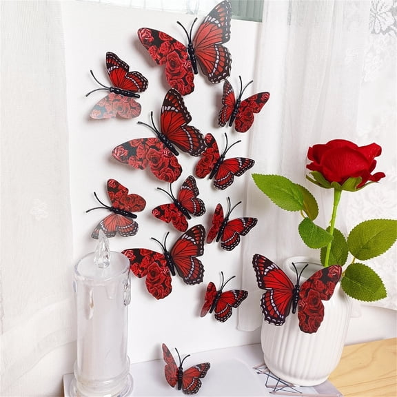 3D Red Butterfly Wall Stickers 24pcs Removable Valentine's Red Rose Butterfly Stickers Wall Decal Butterfly Wall Decals for Home Decoration Wedding Bedroom Decor Living Room Sticker