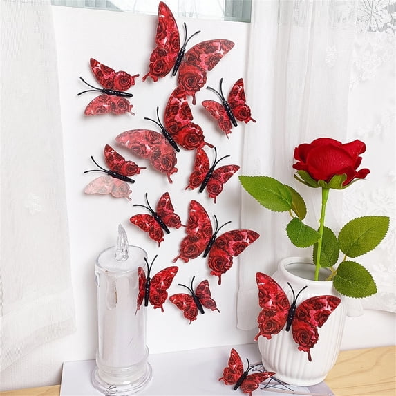 3D Red Butterfly Wall Stickers 24pcs Removable Valentine's Red Rose Butterfly Stickers Wall Decal Butterfly Wall Decals for Home Decoration Wedding Bedroom Decor Living Room Sticker
