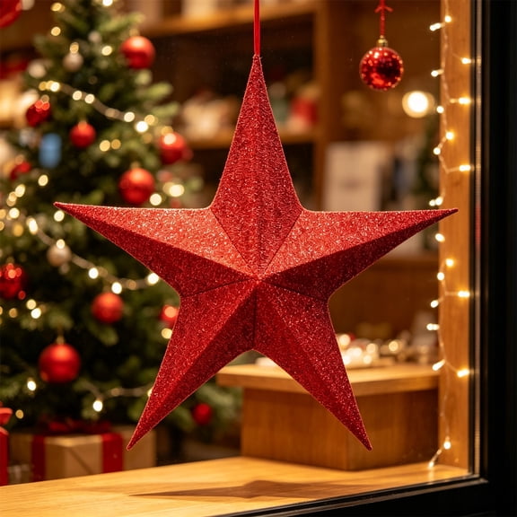 3D Red Christmas Hanging Star Decorations Large Glitter Paper Cutouts Garland for Ceiling, Holiday Wedding Year Backdrop Party Decor, with Line