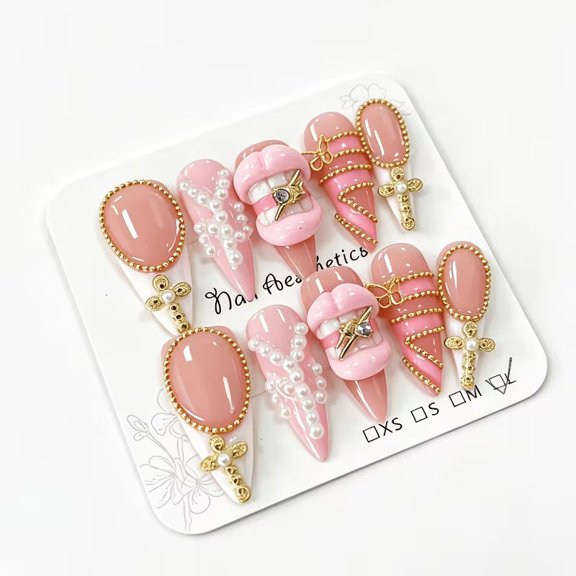 3D Red Lips Metallic Chain Press On Nails Almond French Tip 10 Sets