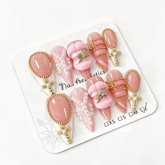 3D Red Lips Metallic Chain Press On Nails Almond French Tip 10 Sets