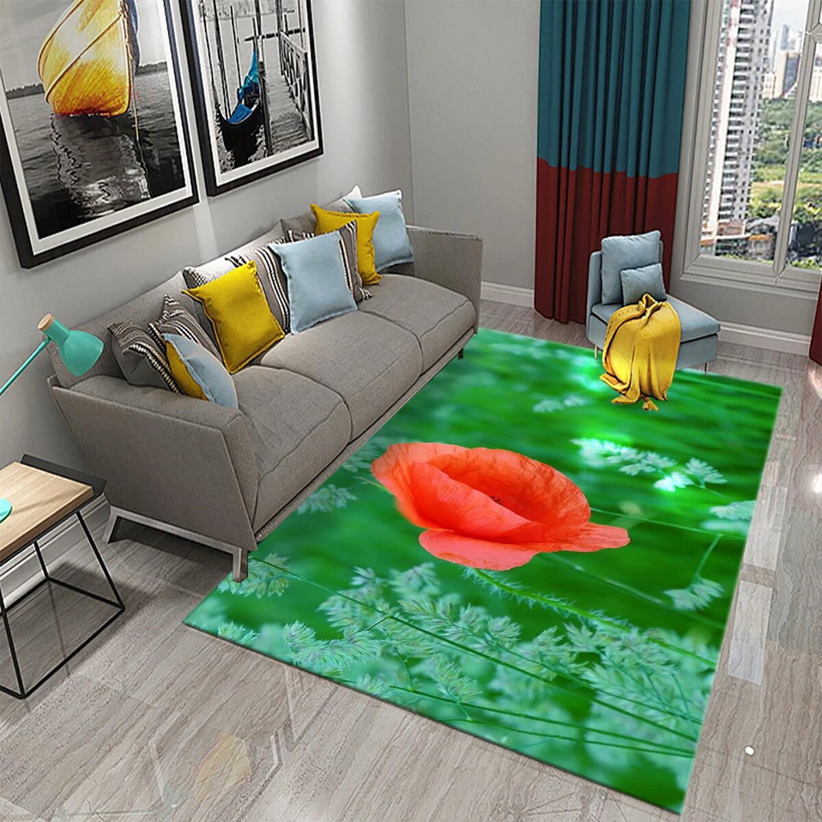 3D Red Poppies Carpet Romantic Sea of Flowers Rugs Doormat for Bathroom