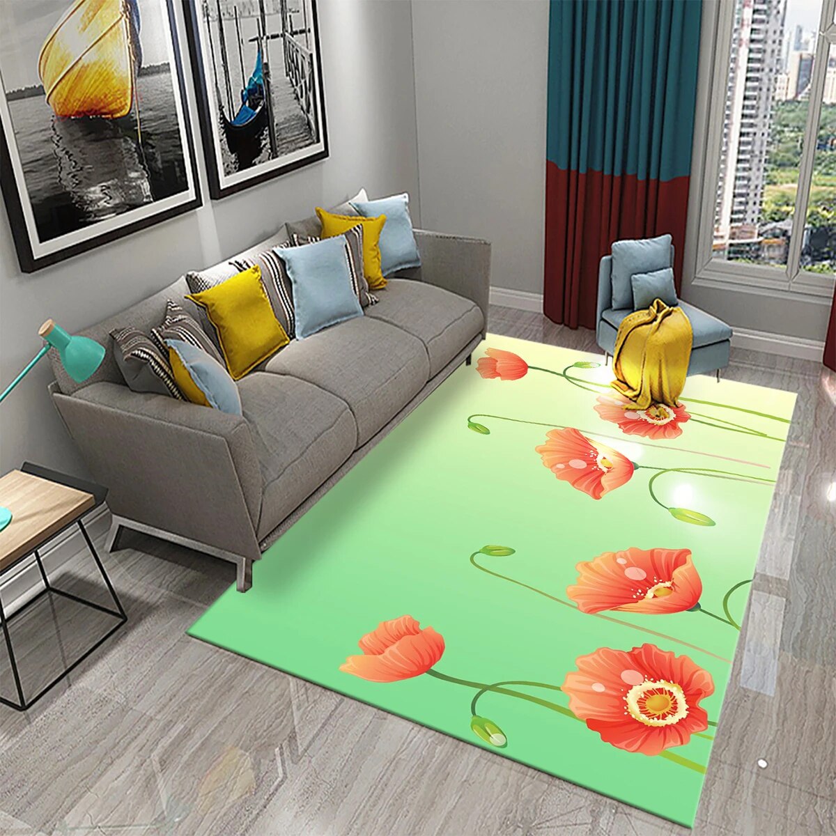 Poppy Kitchen Rug 3D Red Poppies Carpet Romantic Sea of Flowers Rugs Doormat for Bathroom ...