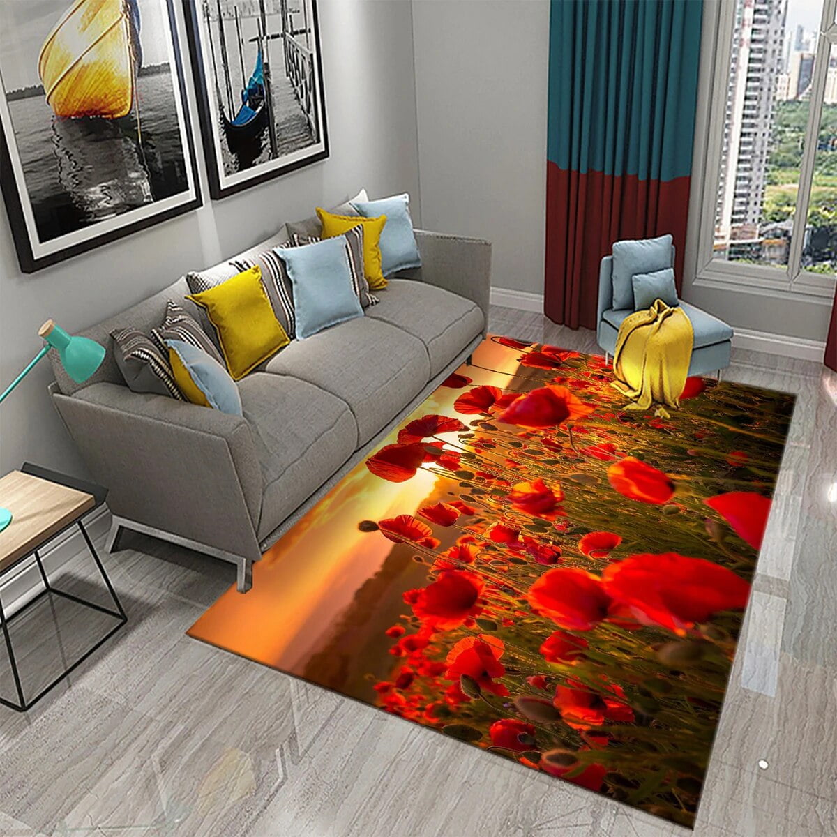 3D Red Poppies Carpet Romantic Sea of Flowers Rugs Doormat for Bathroom