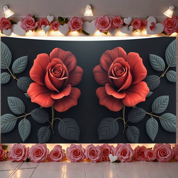 3D Red Rose Banner Dark Leaf Accent Rose Backdrop Symmetrical Floral Design Matte Dark Background Floral Display for Wedding Celebrations Anniversary Parties Valentine's Day Events