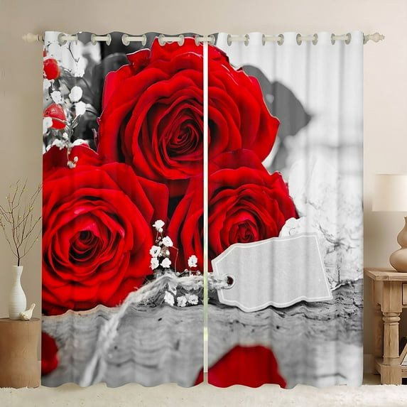 3D Red Rose Blackout Curtains for Living Room, White Red Grey Curtains, Romantic Farmhouse Floral Window Curtains, Botanical Flower Petals Darkening Curtains Valentine's Day Window Treatments 38"X54"