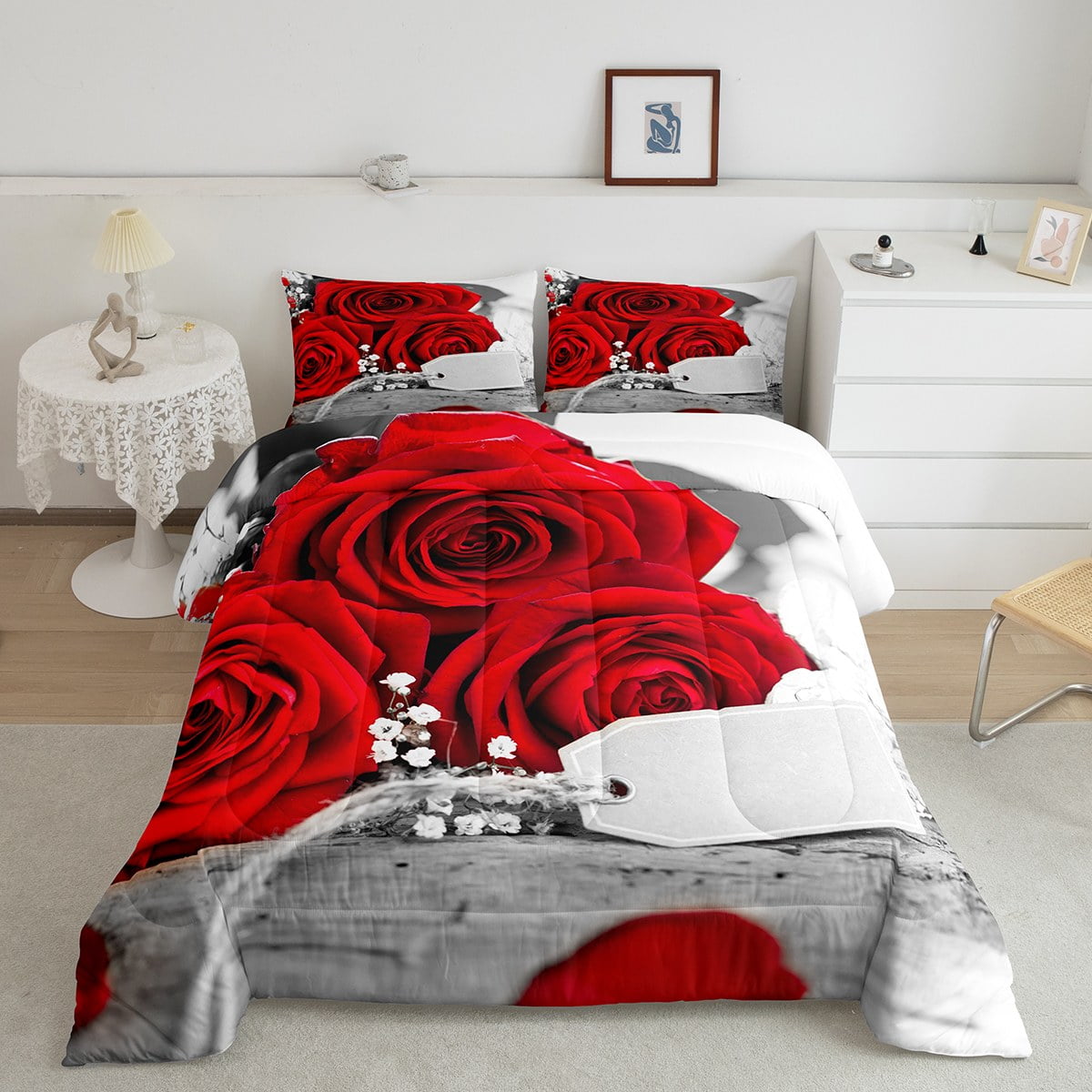 3D Red Rose Comforter Set for Girls Women, White Red Grey Bedding Set