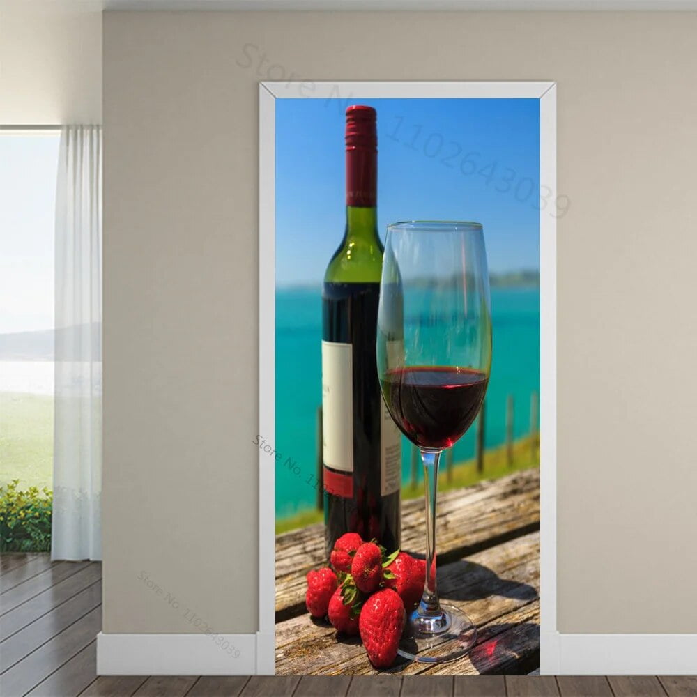 3D Red Wine Cup Door Sticker Room Home Decoration Red Rose Poster Wall