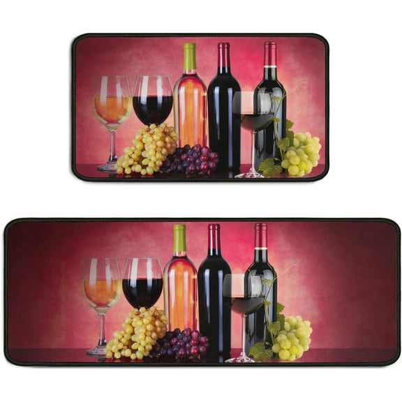 3D Red Wine Decor Kitchen Rugs 2 Piece Set Washable Microfiber Runner Rug Grape Mat Decorations for Kitchen 17"x 47"+17" x 30"
