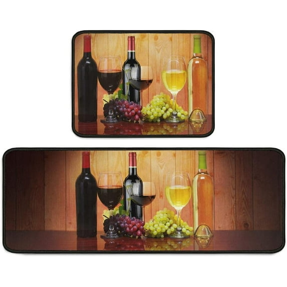3D Red Wine Kitchen Decor Rug Set of 2, Microfiber, Durable Running Rugs Washable Mats Glass Wine Decoration Indoor Floor Mat17"x48"+17"x24"