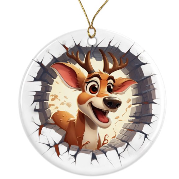 3D Reindeer Breakthrough Ceramic Ornament - Breakout 3D Cool Design Pop Out - 3 Inch Christmas Tree Round Ornament - Xmas Holiday Decor - String Included - ORN0029