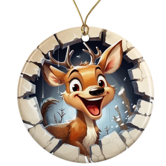 3D Reindeer Breakthrough Ceramic Ornament - Breakout 3D Cool Design Pop Out - 3 Inch Christmas Tree Round Ornament - Xmas Holiday Decor - String Included - ORN0037