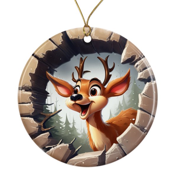 3D Reindeer Breakthrough Ceramic Ornament - Breakout 3D Cool Design Pop Out - 3 Inch Christmas Tree Round Ornament - Xmas Holiday Decor - String Included - ORN0038