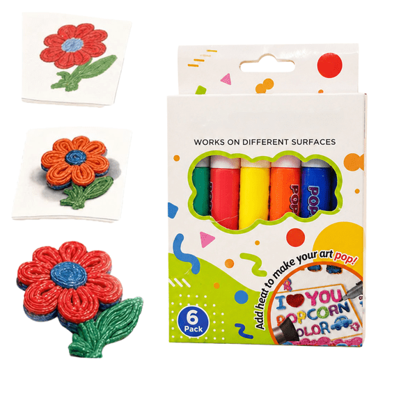 3D Relief Art Pen, Popcorn Pens Puffy 3D Art Pens Works On Different Surfaces, 6 Colors DIY Bubble Popcorn Drawing