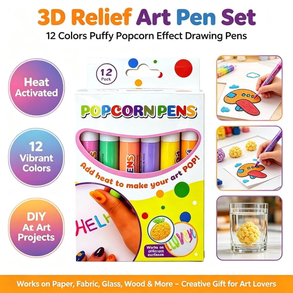 3D Relief Art Pen Set with 12 Colors - Puffy Popcorn Effect Drawing Pens, Heat Activated Craft Tool for Paper Fabric Glass Wood DIY Art Projects, Creative Gift for Art Lovers