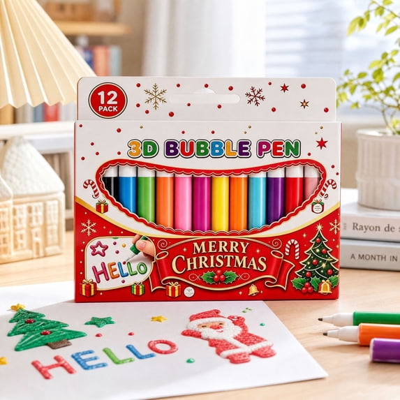 3D Relief Art Pen Set of 12, Christmas-Themed Puffy Paint Pens, Works on Different Surfaces for Drawing and Coloring