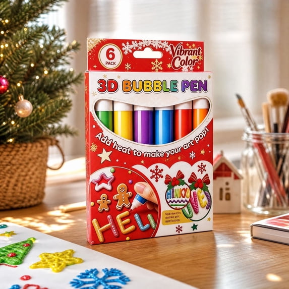 3D Relief Art Pen Set of 6, Christmas-Themed Puffy Paint Pens, Works on Different Surfaces for Drawing and Coloring