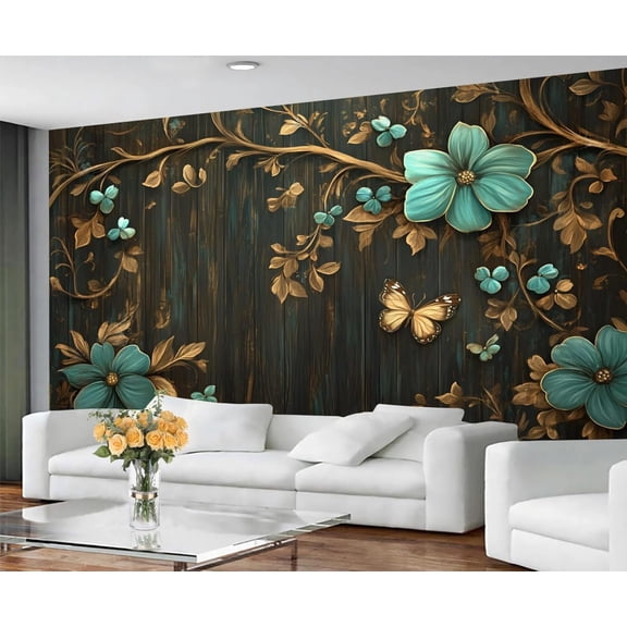 3D Relief Floral Custom Mural- Wooden Planks Rustic Wallpaper, Farmhouse Large Murals For Living Room Bedroom, Barn Door Murals 98.4"W x 68.9"H (Not Peel and Stick)