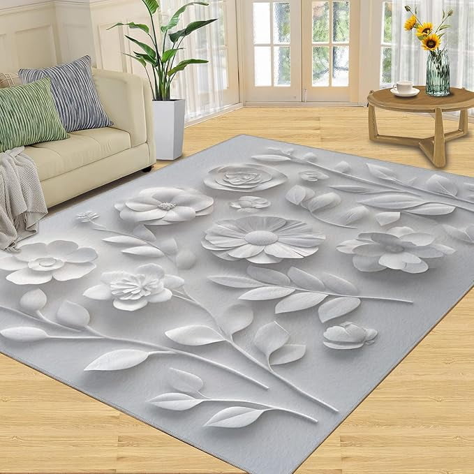 3D Relief Floral Rug, Modern Art Area Rugs for Living Room, Boho Floral ...