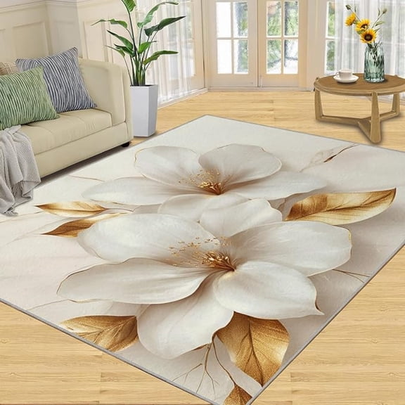 3D Relief Floral Rugs for Living Room, White Gold Flower Rug, Light Luxury Washable Area Rugs for Bedroom, Modern Marble Carpet, Aesthetic Carpet - Floral Marble Home Decor & Gift 3 x 4ft