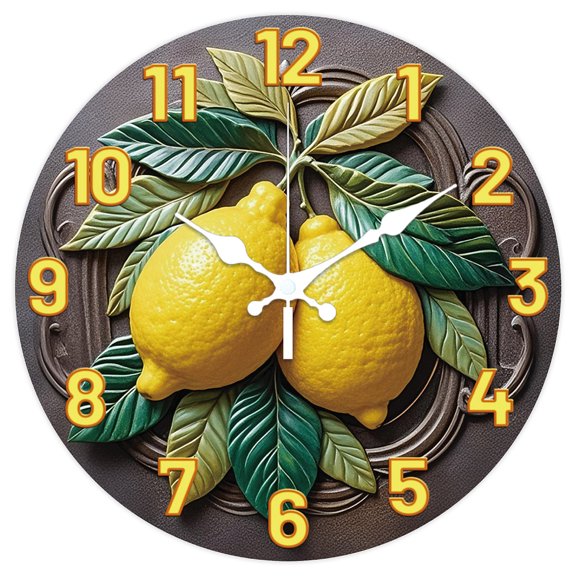 3D Relief Lemon Pattern Wall Clock 12 Inch Non-Ticking Clocks Round Wall Hanging Clock Battery Operated for Bedroom Living Room Kitchen Office