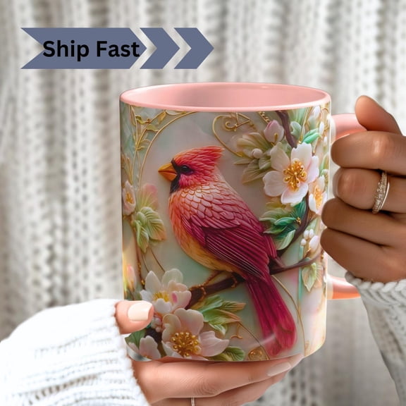 3D Relief Northern Cardinal Mug, Red Bird Floral Ceramic Cup, Nature Wildlife Drinkware