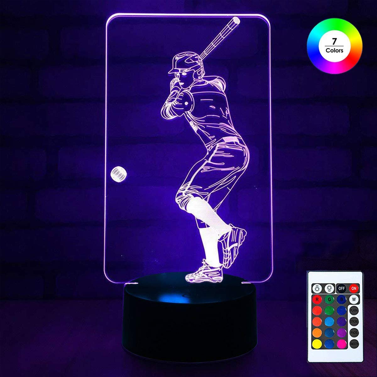 3D Remote Night Stand Light, EpicGadget Touch Control Optical Illusion Visualization LED Night Light Lamp 7 Colors Changing Remote Control Night Light Lamp Stand (Baseball Player) - image 1 of 3