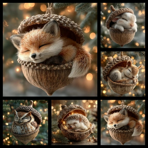 3D Resin Cute Forest Fox with Acorn Ornaments, Cozy Forest Animal in Pine Cone Ornament for Christmas Tree, Christmas Tree Decor Woodland Creature Collection Hanging Ornament, Gift for Kids Women Men