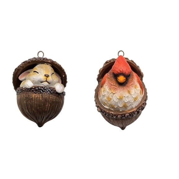 3D Resin Forest Animal Ornaments 2-Pack with Sleeping Creatures in Acorn Design for Christmas Tree Decor