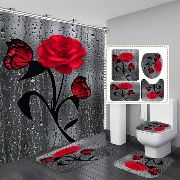 3D Retro Butterfly Rose Waterproof Shower Curtains Toilet Lid Cover Bathroom Mat 4PCS/SET Red
